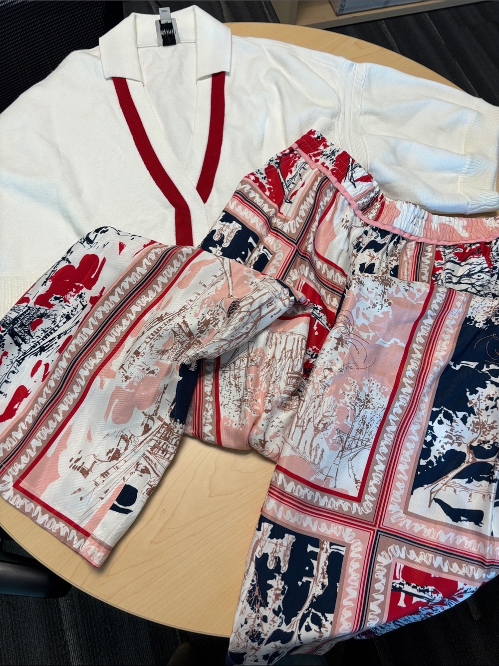 Anthropologie Maeve White deep v sweater w red trim and matching wide leg pants